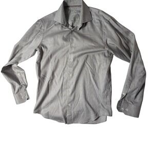 Bugatchi Uomo Button Down Shirt Mens L Grey White Micro Pattern Long Sleeve EXCL